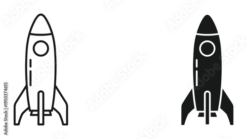 Line art and silhouette rocket icons with fins and window. Simple vector illustration of spacecraft.
