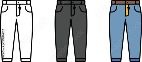 Minimalist Pants Set Illustration Showing Three Styles in Line Art, Dark Gray and Blue Denim Flat Design Vector