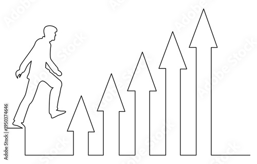 Growth chart in one line art style. Stacks of coins with an upward arrow representing compound interest, capital gain, profit, and pension fund savings.