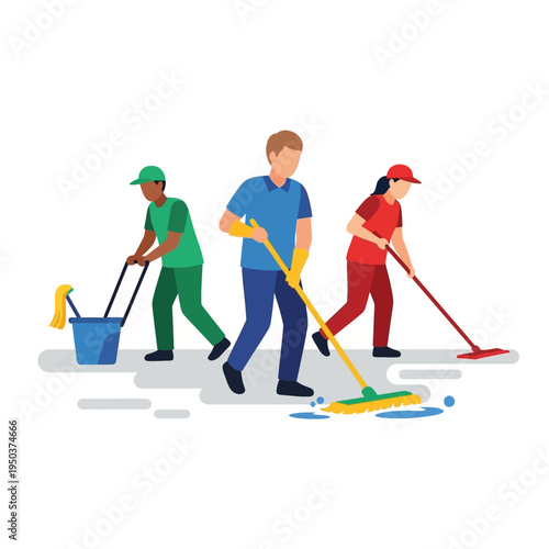 Diverse cleaning crew mopping and tidying up a floor, teamwork in janitorial services.