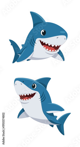 Cute Cartoon Shark Characters Set, Friendly Ocean Predators Illustration
