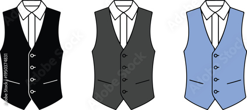 Minimalist Waistcoat Illustration Set Showing Black, Gray, and Light Blue Formal Vests with Buttons and Front View Vector