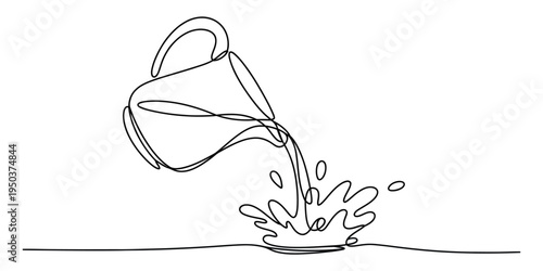 Continuous single line drawing of a pitcher pouring water creating a dynamic splash on the floor
