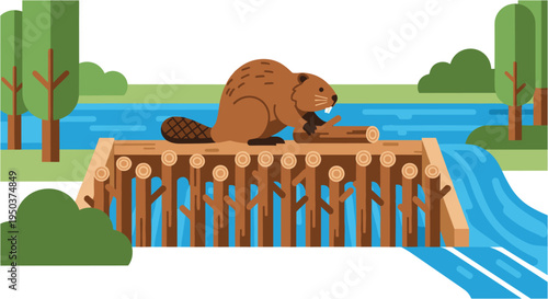A charming flat illustration depicts a industrious beaver diligently building a wooden dam across a flowing blue river, surrounded by lush green trees and a serene natural landscape.