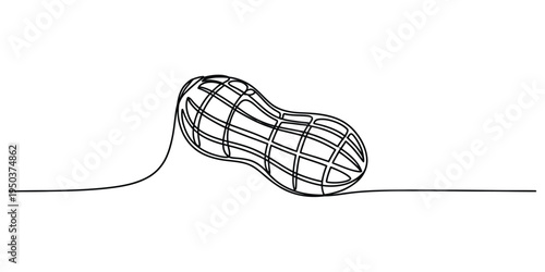 A continuous single line drawing of an organic peanut pod with a textured shell and curved shape