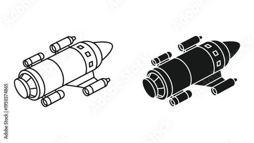 Retro Sci-Fi Spaceship Icon Set: Line Art and Silhouette of a Rocket Ship