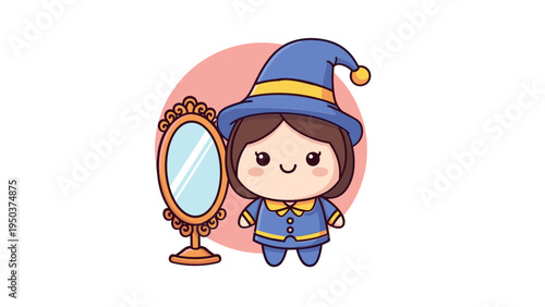 A cute cartoon witch character wearing a blue hat standing next to an ornate vintage style mirror Vector