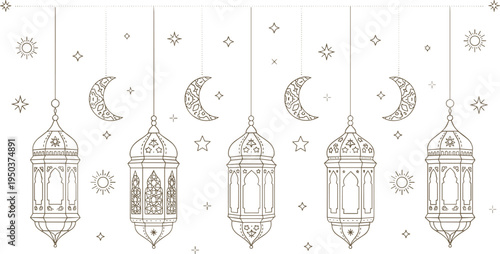 Islamic Ramadan Hanging Lanterns with Crescent Moon and Stars Decorative Arabic Holiday Background Vector Illustration