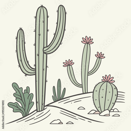 Desert landscape illustration with various cacti and sparse desert plants, in a simple flat design style, illustration art, greeting card