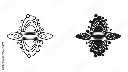 Stylized Cosmic Nebula with Orbiting Planets Icon Set: Line Art and Silhouette