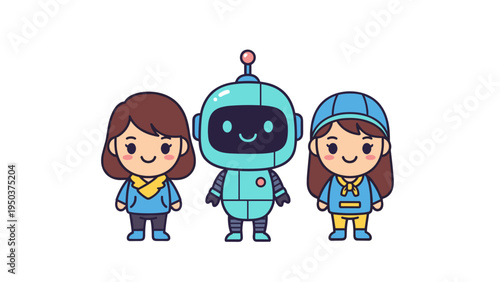 A friendly light blue robot standing between two smiling young girls in a cute cartoon art style Vector