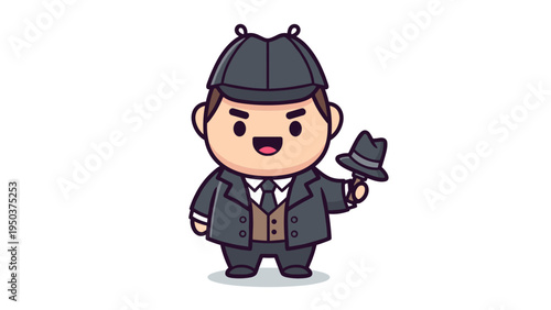 A cute cartoon illustration of a young detective holding a small hat in his hand on white background Vector