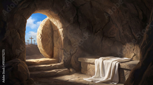 Empty tomb with rolled away stone and burial shroud, symbolizing resurrection and new life