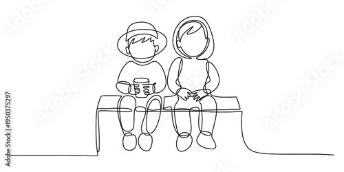 Continuous line drawing of two children sitting together on a bench holding a paper coffee cup