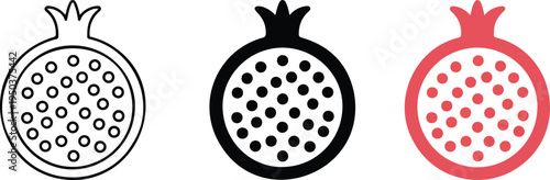 Minimalist Pomegranate Icon Set Showing Line Art Black and Coral Red Fruit Cross Section Logo Style Vector Illustration