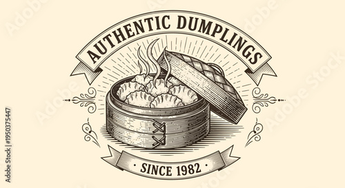 Classic hand-drawn vector illustration of steaming authentic dumplings in a traditional bamboo basket, perfect for a vintage Asian cuisine restaurant or food stall branding