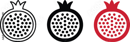 Minimalist Pomegranate Icon Set Showing Line Art Black and Coral Red Fruit Cross Section Logo Style Vector Illustration