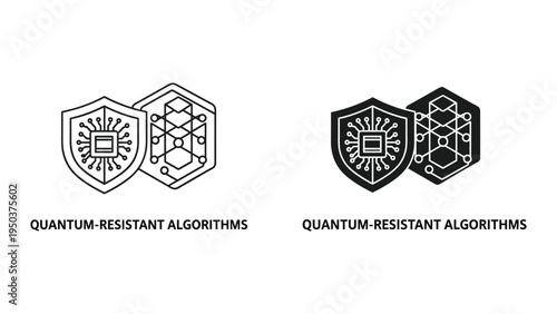 Quantum-Resistant Algorithms Security Icons: Shield with Chip and Network