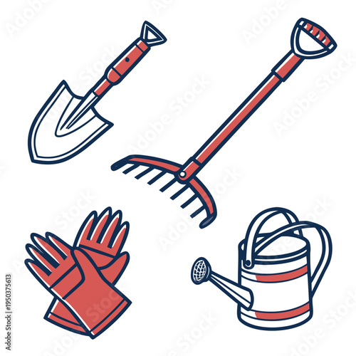 Red and white gardening tools: shovel, rake, gloves, watering can, hand tool