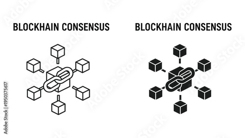 Blockchain Consensus Concept: Linked Blocks with Chain Symbol and Network of Cubes
