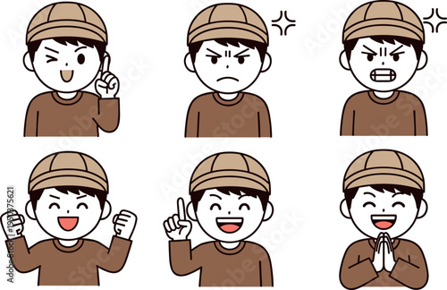 Cute construction worker character emotion set with helmet cartoon expressions gestures mascot vector illustration for safety training materials
