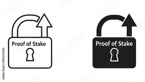 Proof of Stake Cryptocurrency Icons: Locked Padlock with Up Arrow, Line and Solid Fill