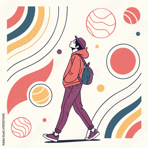 Modern abstract background with walking person and planets with outer space