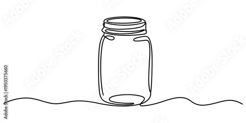 A single continuous line drawing of a classic glass mason jar sitting on a flat horizontal surface