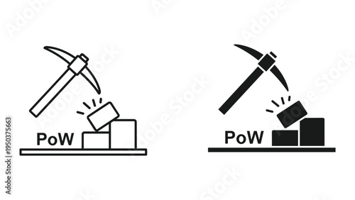 Proof of Work (PoW) concept icon with pickaxe and blocks, line art and solid fill