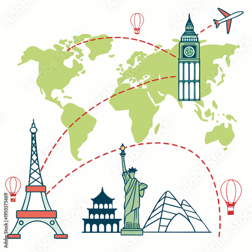 Global travel landmarks and transportation icons on world map with hot air balloon with eiffel tower with statue of liberty with big ben with great pyramid with business travel