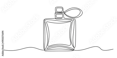 A continuous line drawing of a square perfume bottle with a decorative bow on the bottle stopper