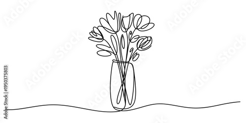 A continuous line drawing of a beautiful bouquet of flowers sitting inside a simple glass vase