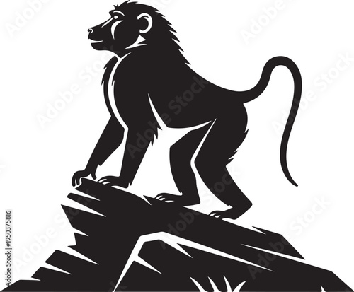 Strong Baboon Silhouette Standing on Rock Graphic Design Element