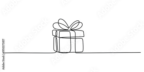 A single continuous line drawing depicting a wrapped gift box topped with a decorative ribbon bow