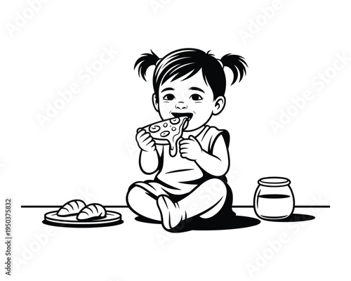 Adorable baby girl happily eating a delicious slice of cheesy pizza with two croissants nearby