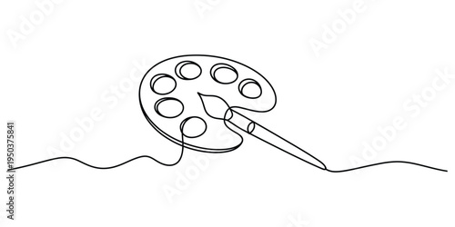 A single continuous line drawing of an artist paint palette with a brush resting on the surface