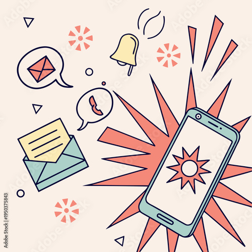 Exploding smartphone with notification icons: digital communication overload and mobile technology concept illustration with mobile phone with mail icon with bell icon