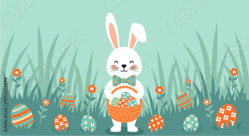 Charming white Easter bunny with a bow tie holding a basket of colorful decorated eggs amidst a vibrant grassy field with flowers, perfect for spring celebrations.