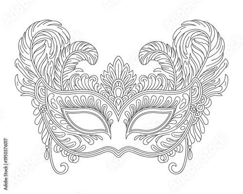 Ornate Venetian masquerade mask with delicate feather decorations and intricate floral patterns in outline style