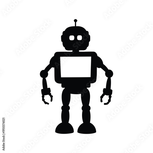 A detailed robot silhouette vector illustration design,This image features a black and white silhouette of a robot with a rectangular body and two arms