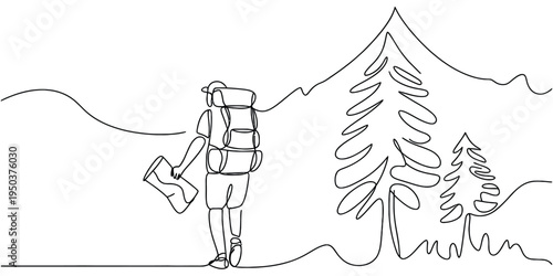 A continuous line drawing featuring a backpacker holding a map in a mountain forest landscape