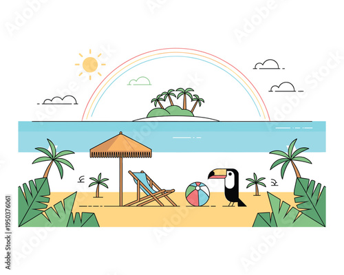 Tropical island paradise scene with palm trees umbrella deck chair beach ball and toucan bird under a rainbow