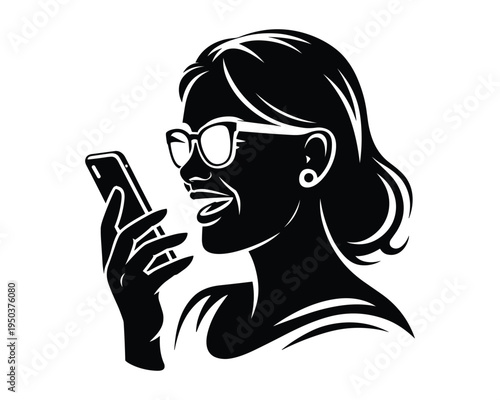 Stylish woman wearing glasses and using a smartphone communicating happily outdoors