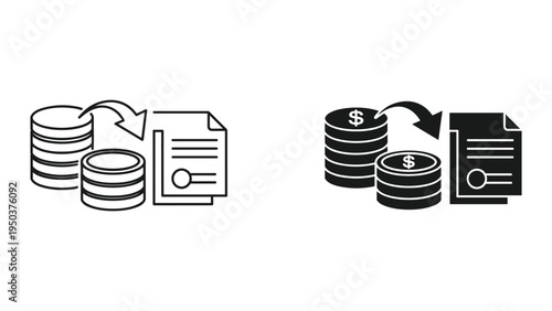 Money Transfer Icon: Coins Stack and Document with Arrow, Finance and Transaction Symbols
