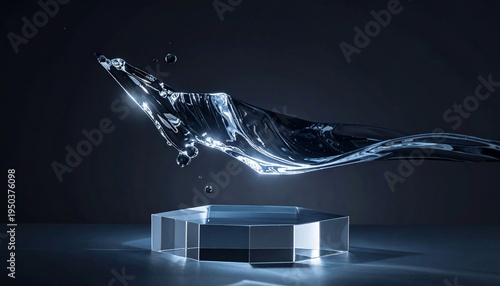 Dynamic Water Splash Over Hexagonal Platform Against Dark Background.