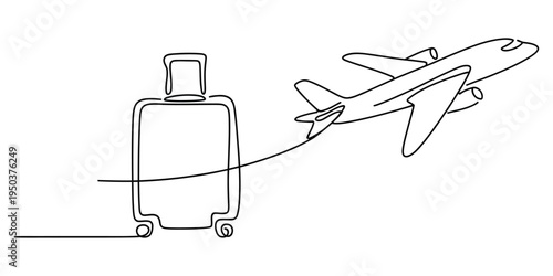Continuous line drawing of a rolling suitcase paired with a flying airplane for travel concept