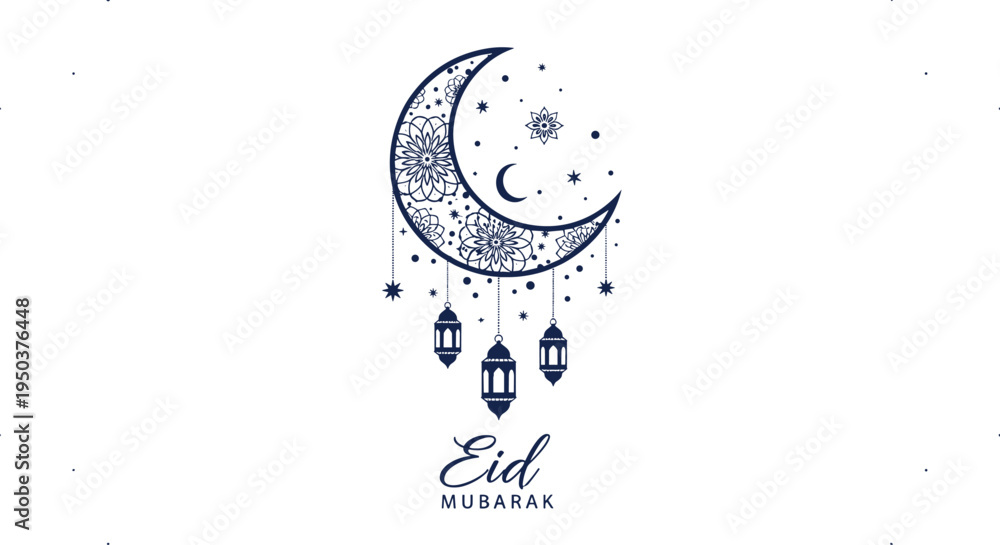 Fototapeta premium Elegant Islamic Eid Mubarak greeting with ornate crescent moon floral pattern hanging lanterns stars minimal line vector illustration