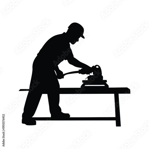 Craftsman working on woodworking project silhouette vector illustration,Black and white silhouette of a craftsman working on a woodworking project at a table