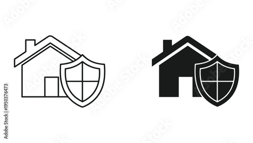 House security icon, home protection shield symbol, line art and solid fill. Safety, insurance, defense.