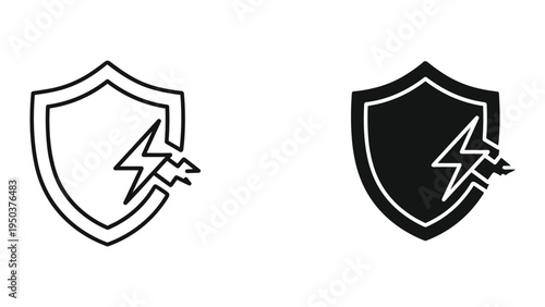 Shield with Lightning Bolt Icon Set - Outline and Solid Black